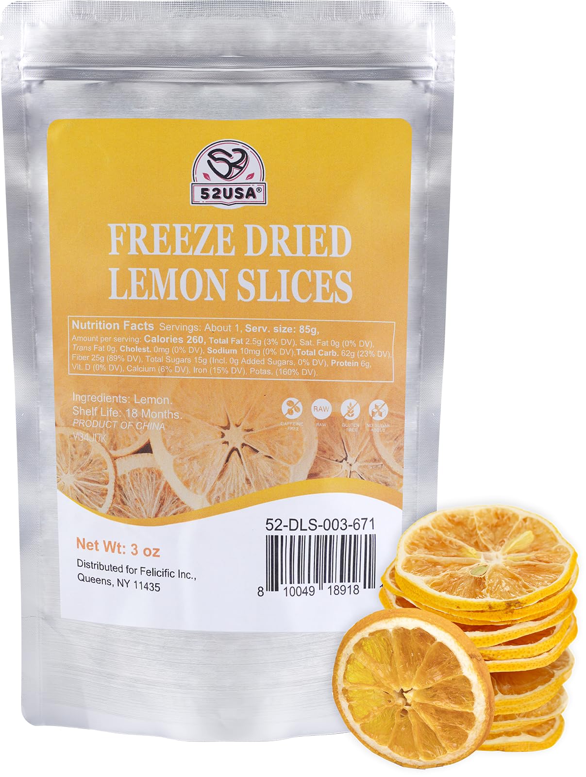 52USA Freeze Dried Lemon Slices, 3oz (85g), Dehydrated Lemon Slices for Teas, Infused Water, All Natural, No Additives, No Sugar