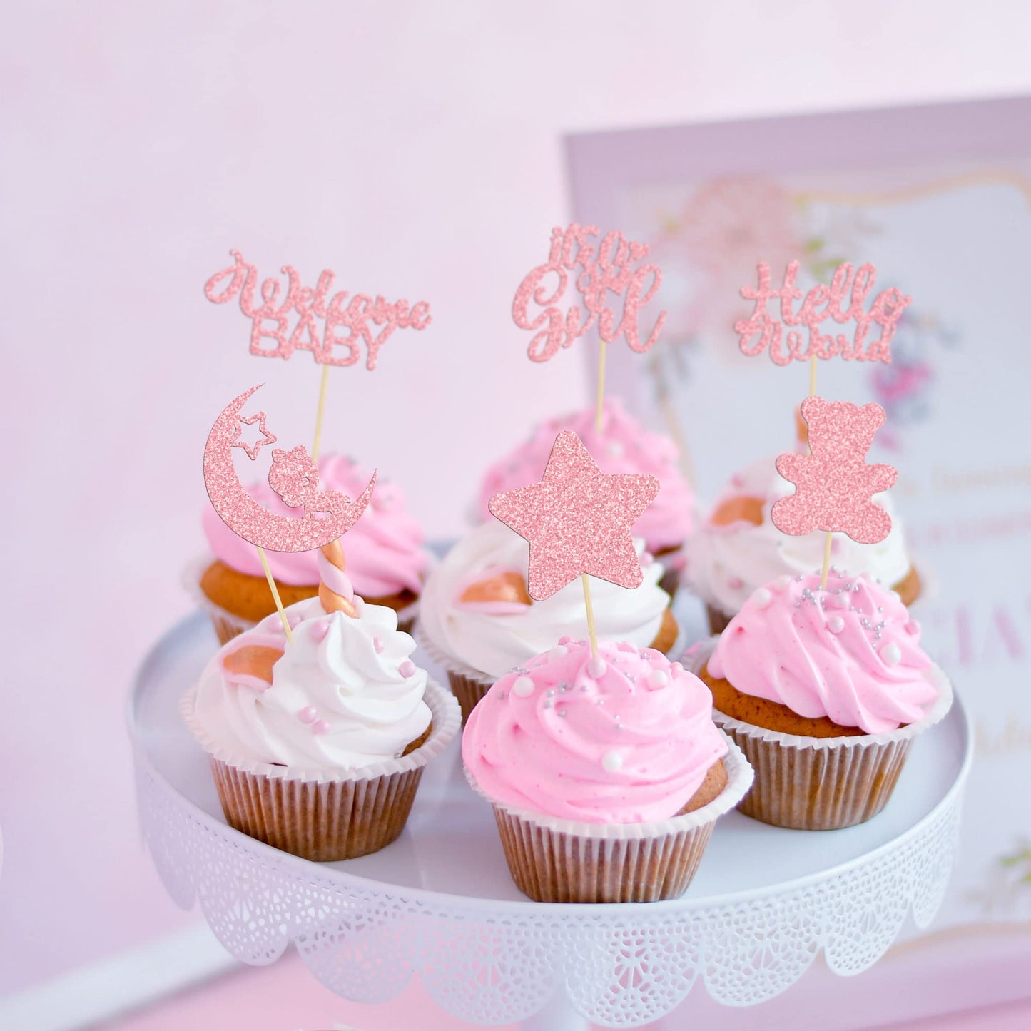 Gyufise 24Pcs Baby Girl Cupcake Toppers With Moon Glitter Star Bear Hello World It'S A Girl Baby Shower Cupcake Picks Gender Rev