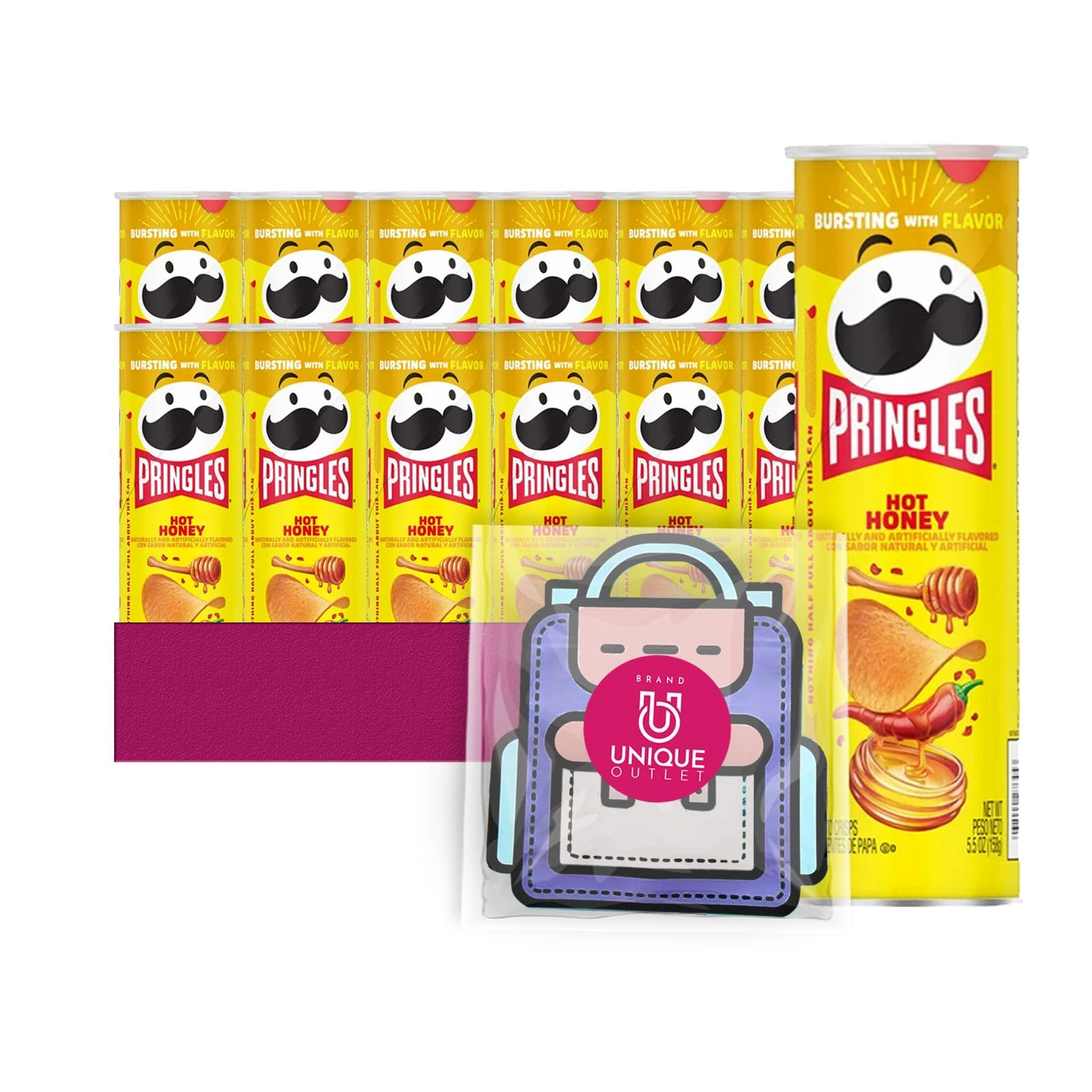Pringles 12- Count of Hot Honey Potato Crisps Chips, On-The-Go Lunch Snack 5.5 oz Can + 1 Freebie by Unique Outlet
