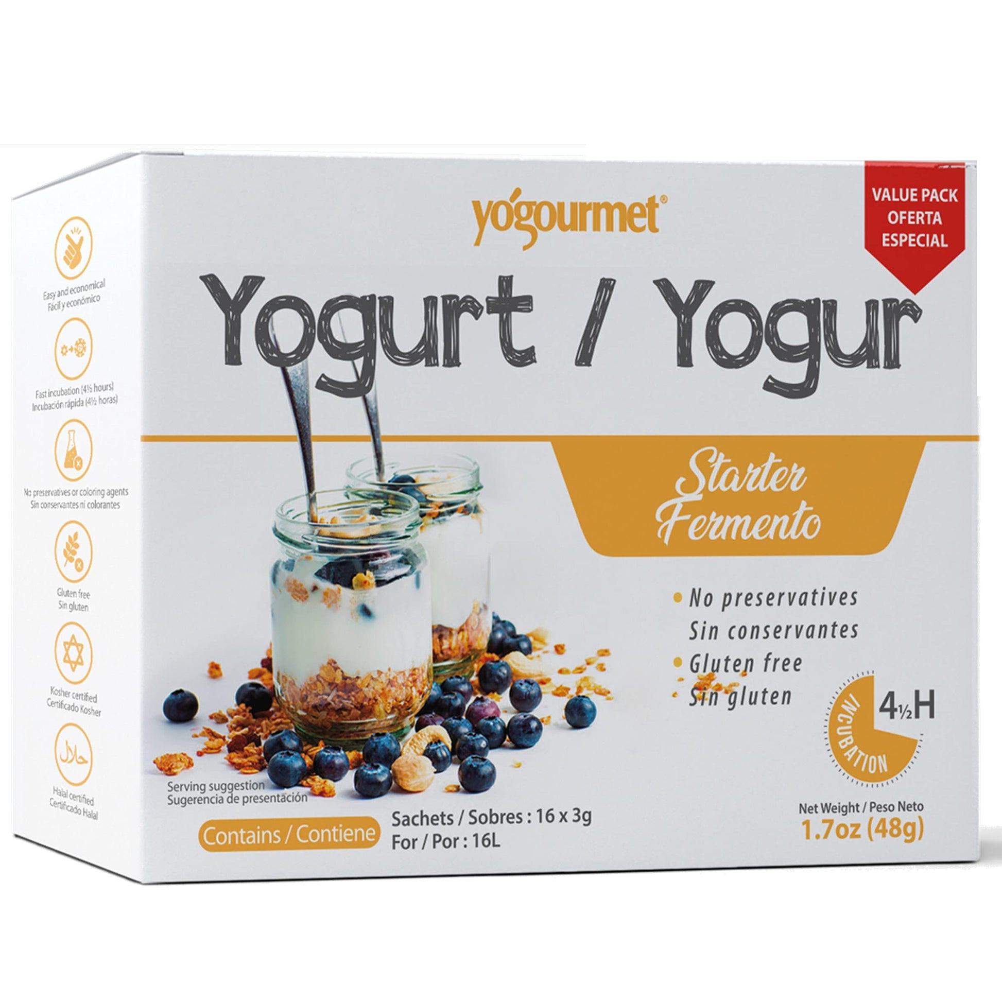 Yogourmet Yogurt Starter Culture - All Natural, Gluten Free, Kosher, Halal - 16 Pack (3 g Sachets) - 2.8 Ounce Total