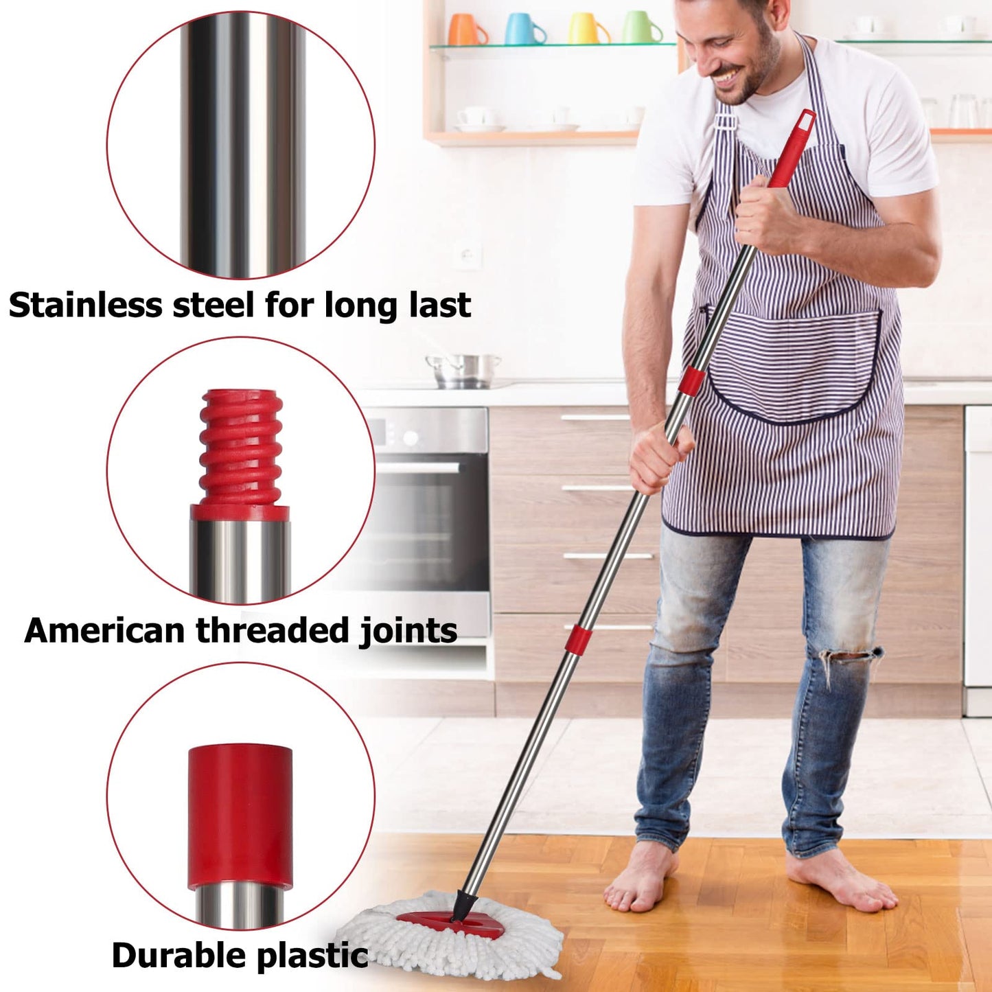 Qulable Spin Mop Replacement Handle - 30 to 58 Adjustable Red Mop Handle Compatible with O-Ceda EasyWring for Efficient Floor Cleaning