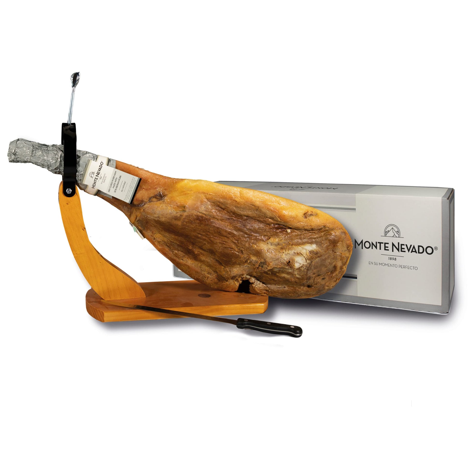 Monte Nevado Jamon Iberico Ham - Grain Fed - 16.5 lb - 28 Months Curing - Includes Ham Stand and Knife