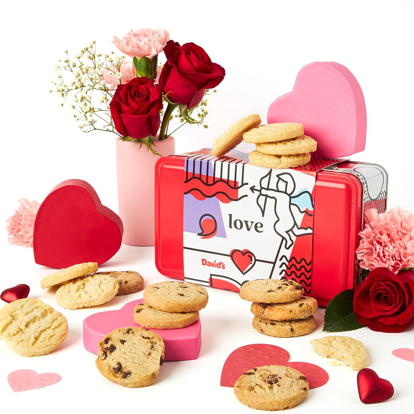 Davids Cookies Shortbread Cookies in Love Sweet Sampler Tin - Original and Chocolate Chip Shortbread Cookies in a Love-Themed Gift Tin - Gourmet Food Gift Basket for Her Him