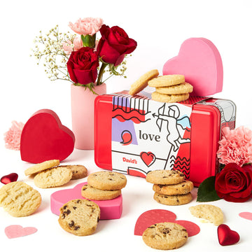 Davids Cookies Shortbread Cookies in Love Sweet Sampler Tin - Original and Chocolate Chip Shortbread Cookies in a Love-Themed Gift Tin - Gourmet Food Gift Basket for Her Him