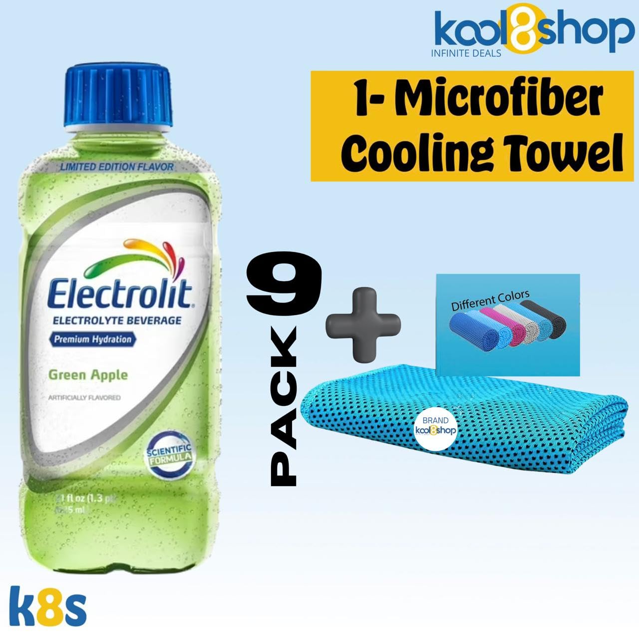 Electrolit Green Apple Hydration Drink With Electrolytes 21 Fl Oz Plastic Bottles 9 Pack + 1 Microfiber Cooling Towel By Kool8Sh