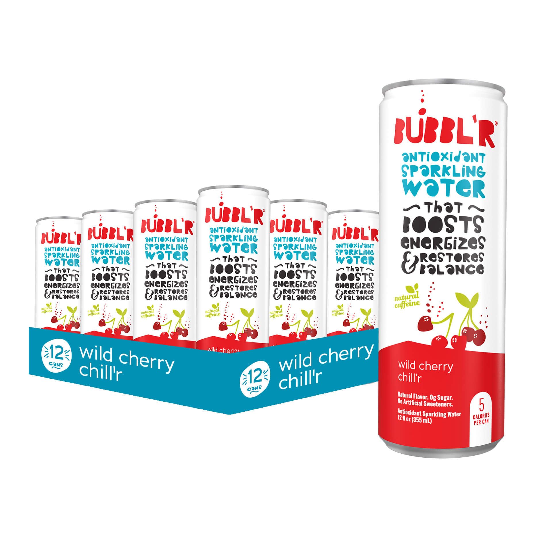 Bubblr Antioxidant Sparkling Water, Wild Cherry Chillr, 12 Fl Oz Cans, 12 Count, Gluten Free, 0g Sugar