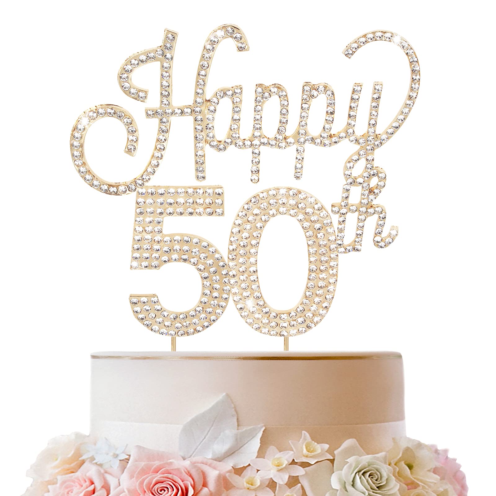 Lingteer Happy 50Th Birthday Gold Rhinestone Cake Topper - Cheers To 50Th Birthday Fifty Years Old Anniversary Party Cake Center