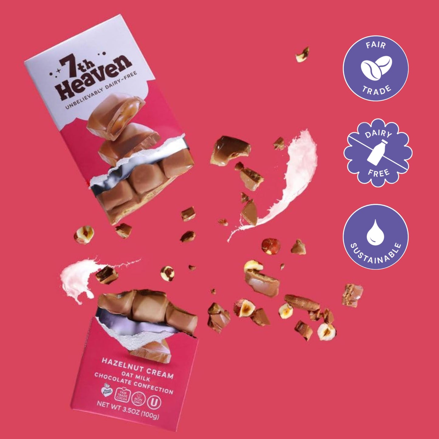 7Th Heaven Vegan Hazelnut Cream Oat Milk Chocolate Bar, Plant Based Dairy Free Chocolate With Hazelnut Cream Filling, Fair Trade