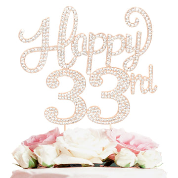Happy 33Rd Birthday Decorations,33Rd Birthday Gold Rhinestone Cake Topper - Cheers To 33 Years Old Bday Party Metal Sparkly Cake