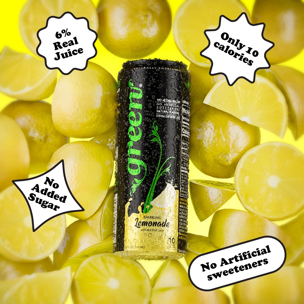Green Lemonade - No Added Sugar, 6% Real Lemon Juice, 10 Calories Per Can, Naturally Sweetened With 100% Stevia Leaf Extract, Ca
