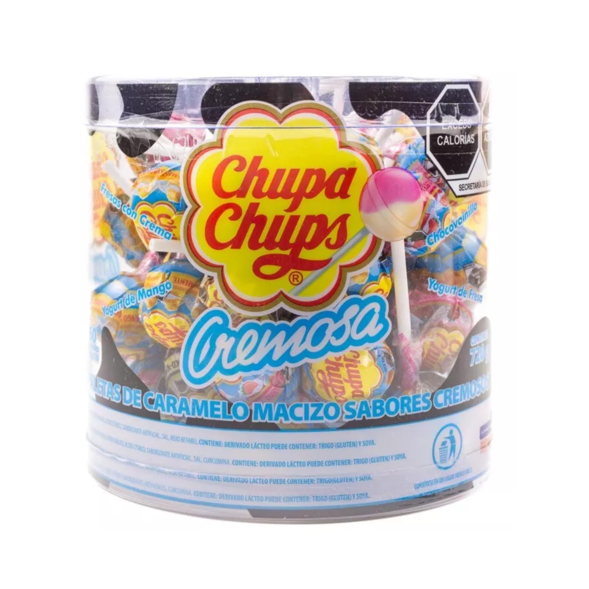 Chupa Chups Creamy Lollipops 60 Count Variety Pack of Paletas Cremosas Caramelo Macizo Strawberry & Cream, Mango Yogurt, Chocola