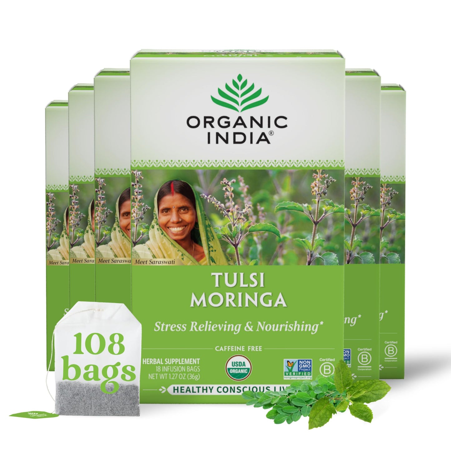 Organic India Tulsi Moringa Herbal Tea - Stress Relieving, Vegan, Gluten-Free - 18 Infusion Bags, Pack of 6