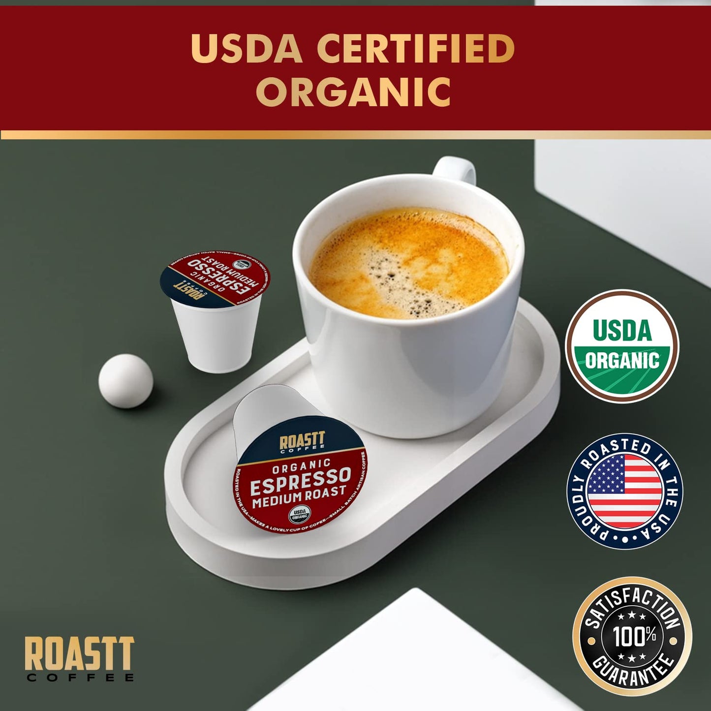 Roastt Coffee Organic Espresso Pods for Keurig, Medium Dark Roast, 36 Count
