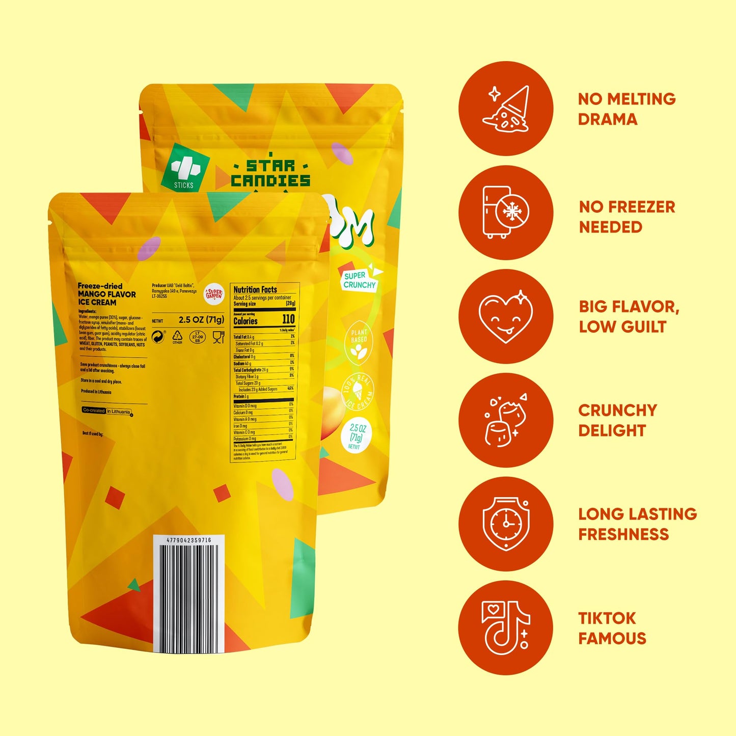 STAR CANDIES Freeze Dried Mango Ice Cream | Crunchy Camping Snack | 3 Pack