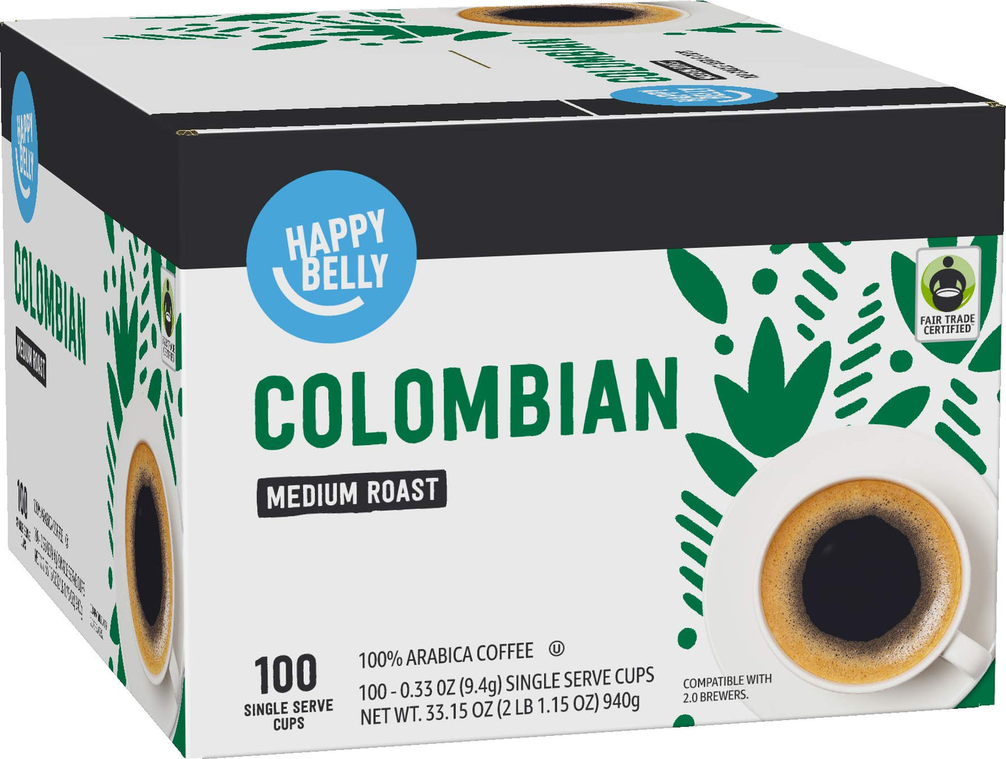 Happy Belly Medium Roast Coffee Pods, Colombian, 100 Count, Compatible with Keurig 2.0 K-Cup malt-inspired