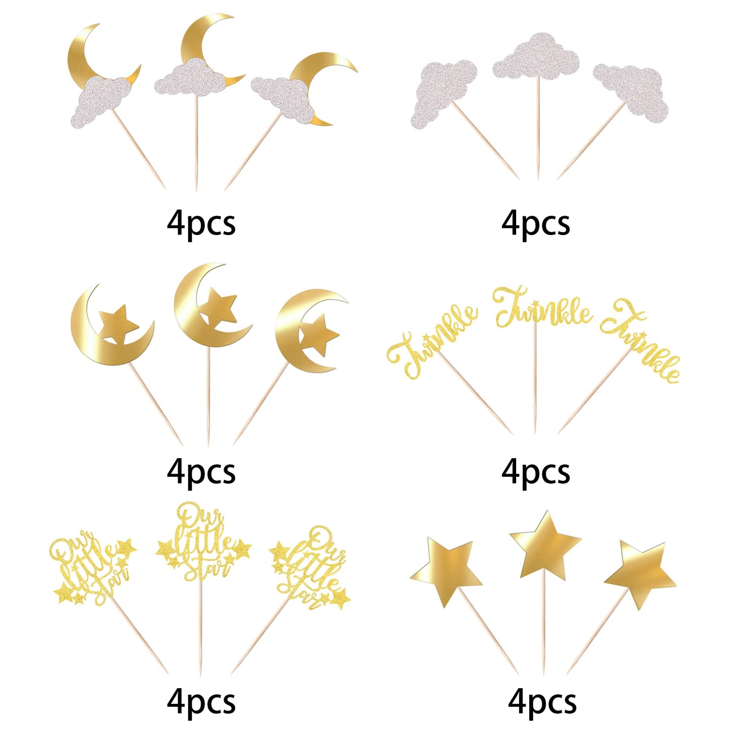 24 Pack Little Star Cupcake Toppers Glitter Moon Cloud Cupcake Picks Twinkle Star Baby Shower Kids Birthday Wedding Party Cake Decorations Supplies Gold