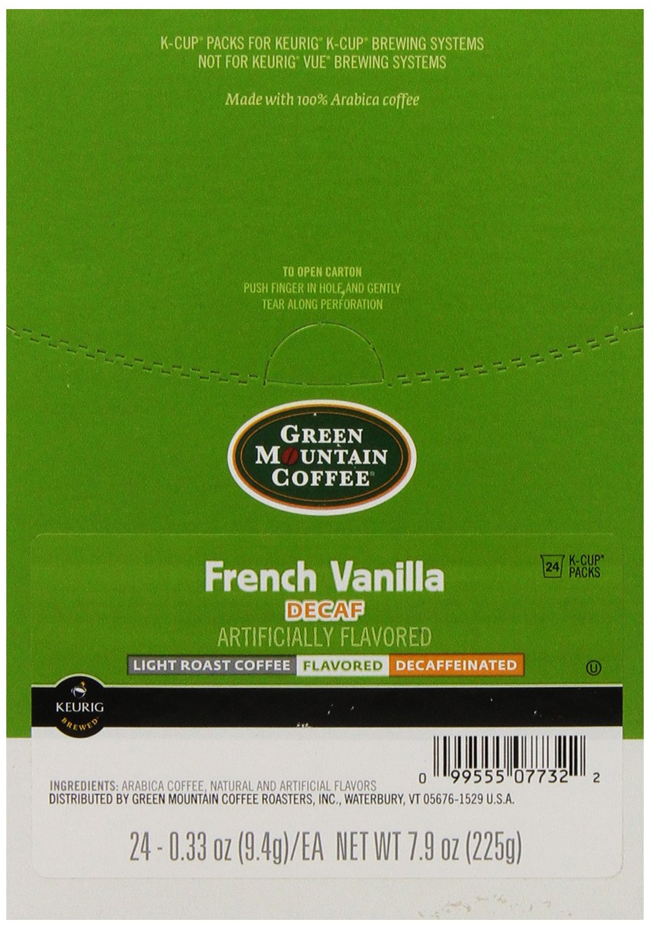 Green Mountain Coffee French Vanilla Decaf K-Cup Portion Pack, Light Roast, 24 Count, Model 74-07732, Green