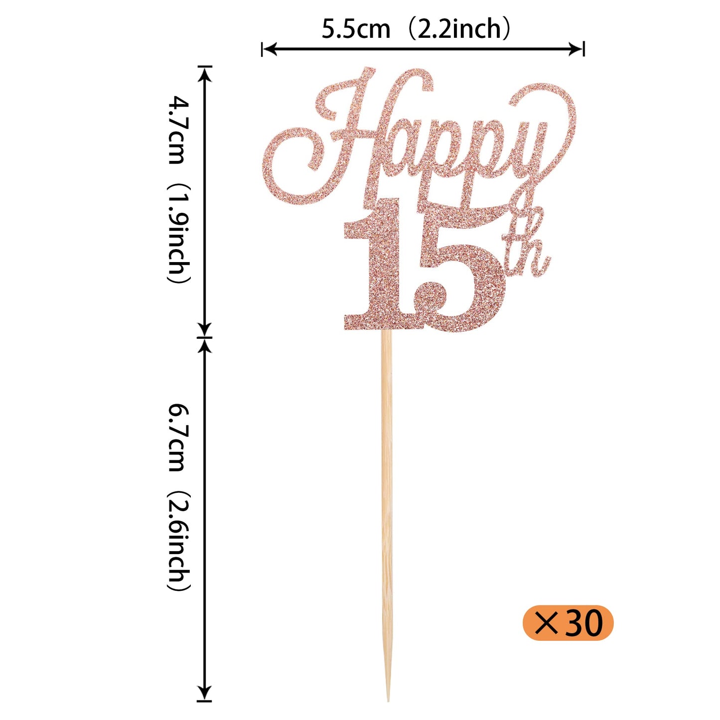 YCTHUNFISH 30 Pack Cupcake Toppers Glitter Number 15 Rose Gold Bamboo Decorations for 15th Birthday Party