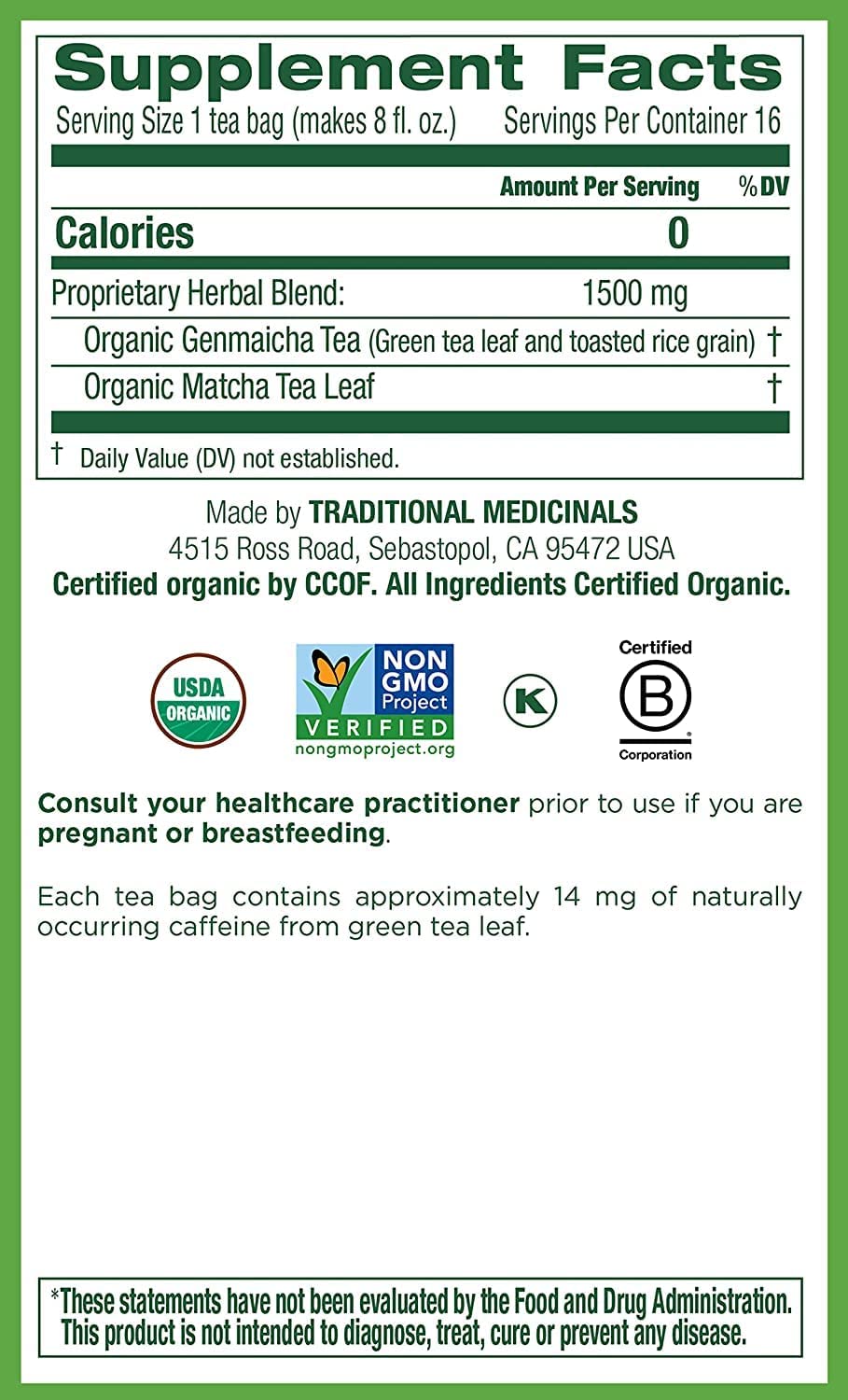 Traditional Medicinals Tea  Organic Green Tea Matcha  Genmaicha  Supports Health  Kosher  Non-GMO  Caffeine-Free  Compostable - 96 Tea Bags (6 Pack)