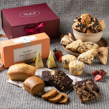 Dulcet Gift Baskets Deluxe Tea and Food Gift Basket, 17 Piece Set, Featuring Scones, Brownies, Muffins, and More