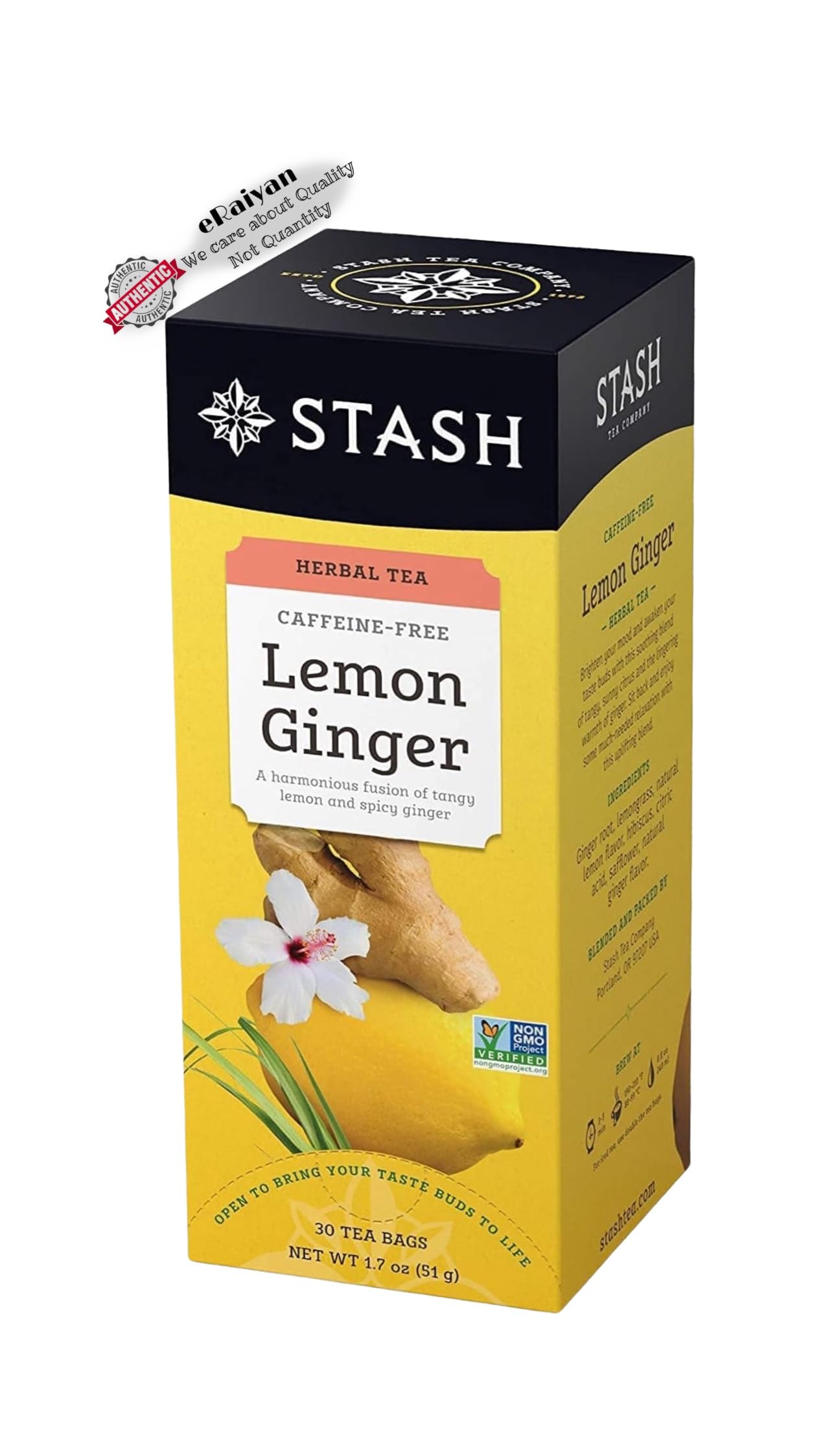 eRaiyan Lemon Ginger Herbal Tea - 30 Tea Bags, 1 Box