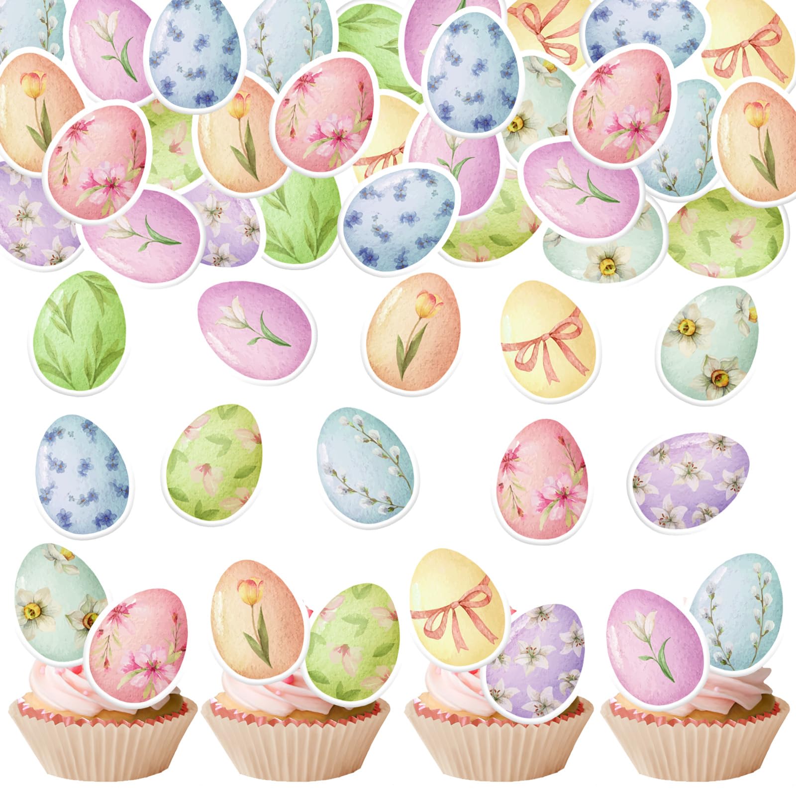 30PCS Edible Easter Eggs Cupcake Toppers Edible Spring Floral Eggs Cupcake Picks Wafer Paper Easter Day Cake Toppers for Happy E