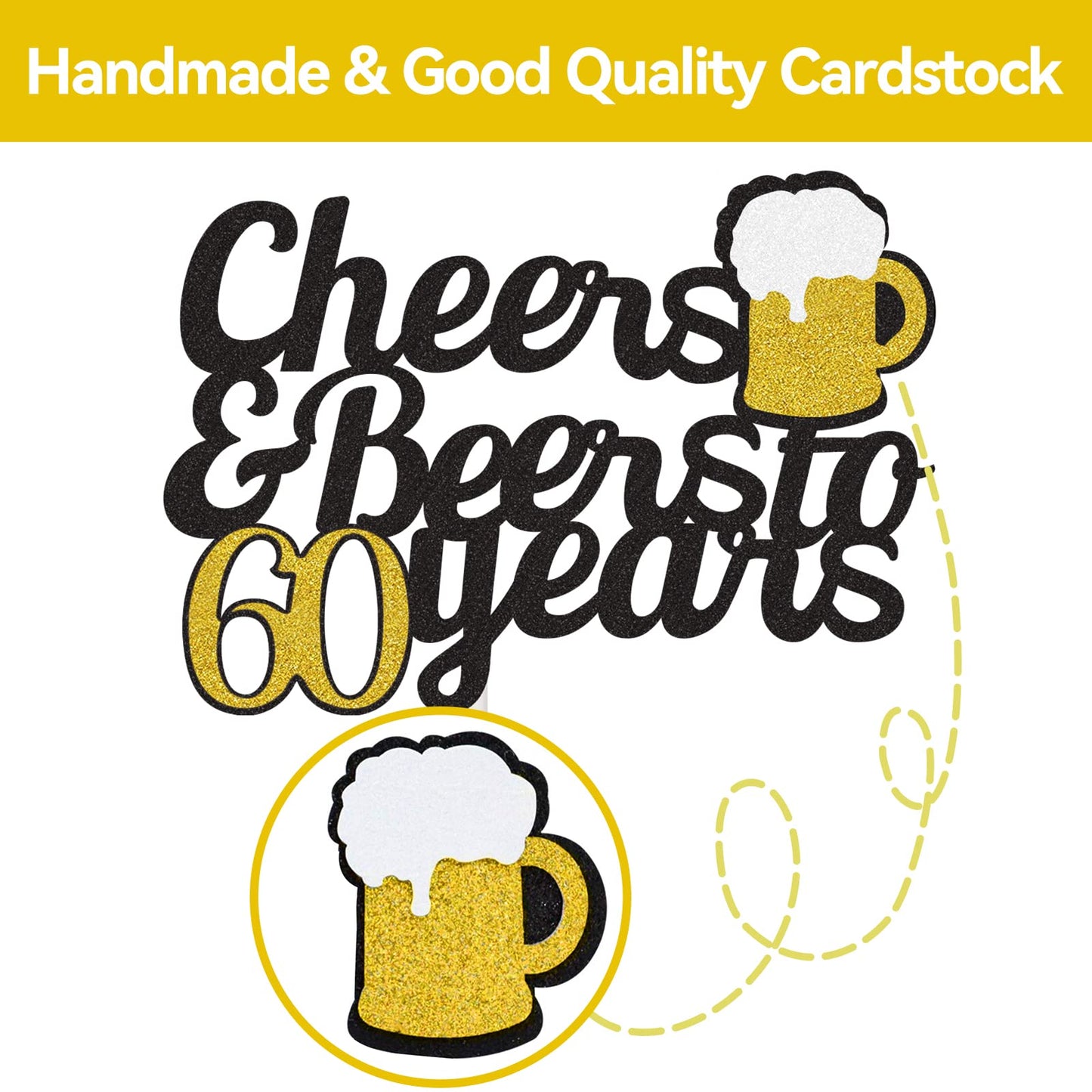 Cheers To 60 Years Cake Topper, Happy 60Th Birthday Cake Topper, 60Th Anniversary Birthday Party Supplies Black And Gold Glitter