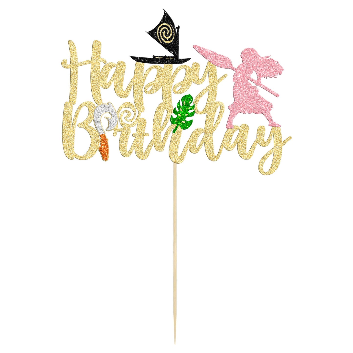 1Pc Moa Inspired Cake Topper Black Glitter Palm Leaf Flower Happy Birthday Cake Pick Decoration For Tropical Hawaiian Luau Theme