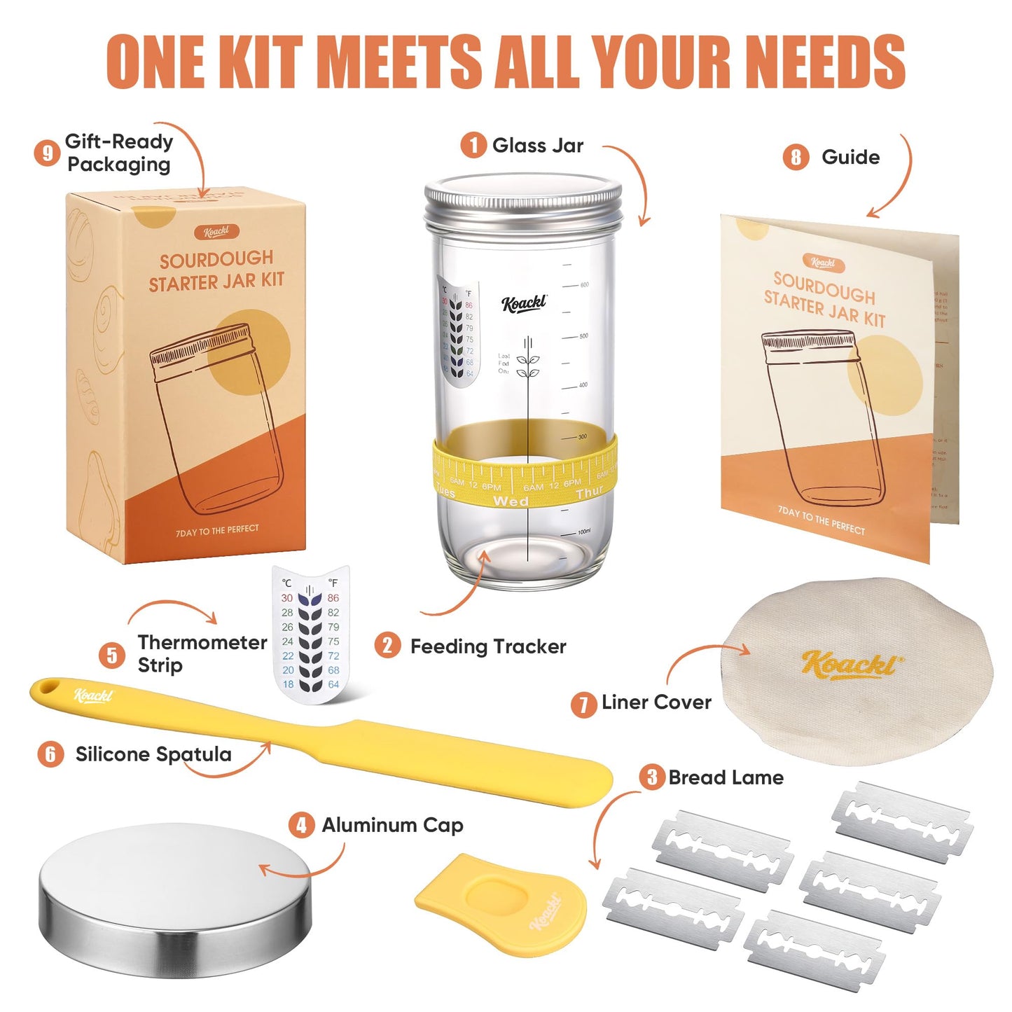 Koackl Sourdough Starter Kit, 24oz Sourdough Starter Jar with Magnetic Bread Lame, Thermometer, Long Scraper, Cloth Cover & Lid