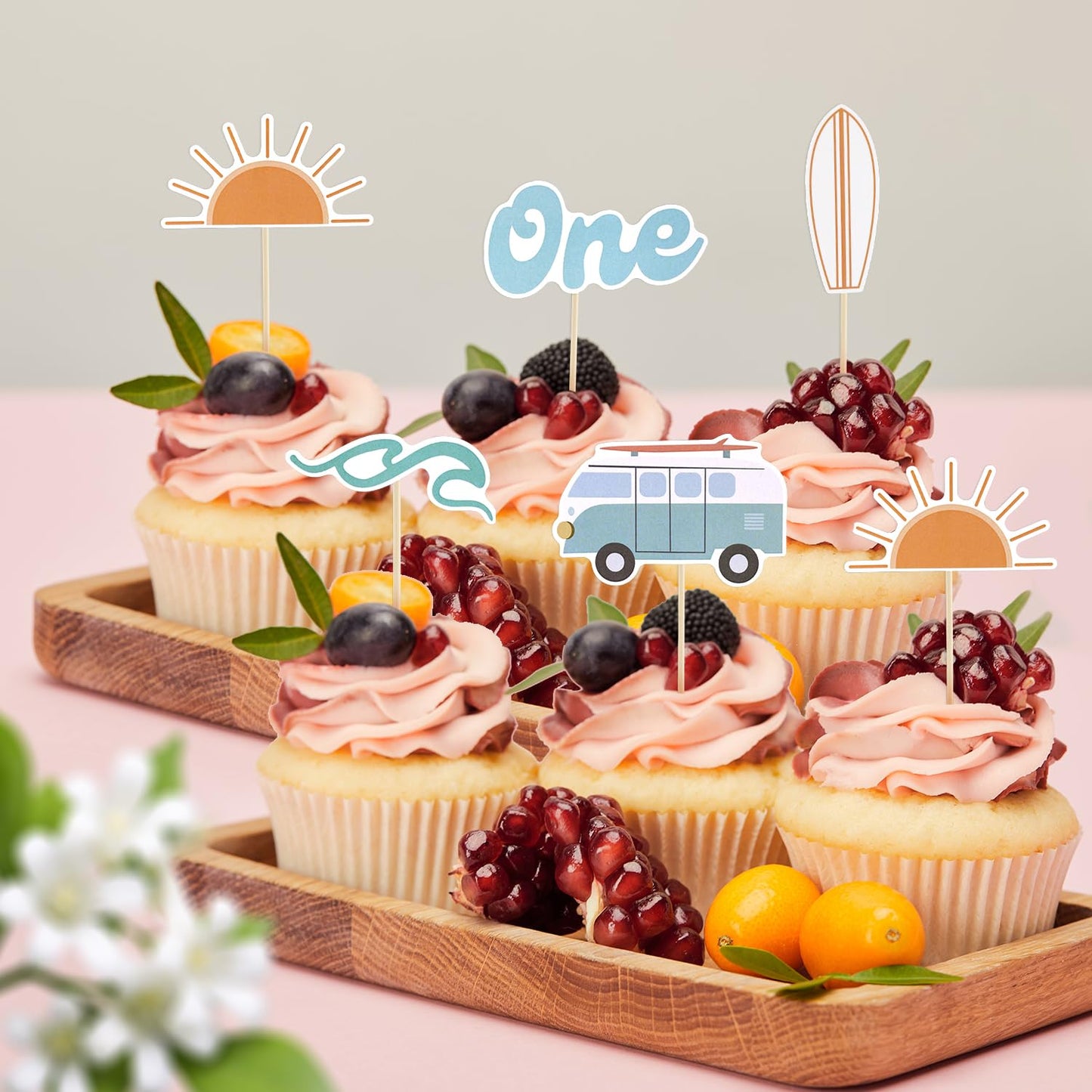 PEUTIER 25pcs Wave Surf Cake Topper, 5 Styles, Paper, Blue/White/Yellow, Model 13104, First Birthday Party Decoration