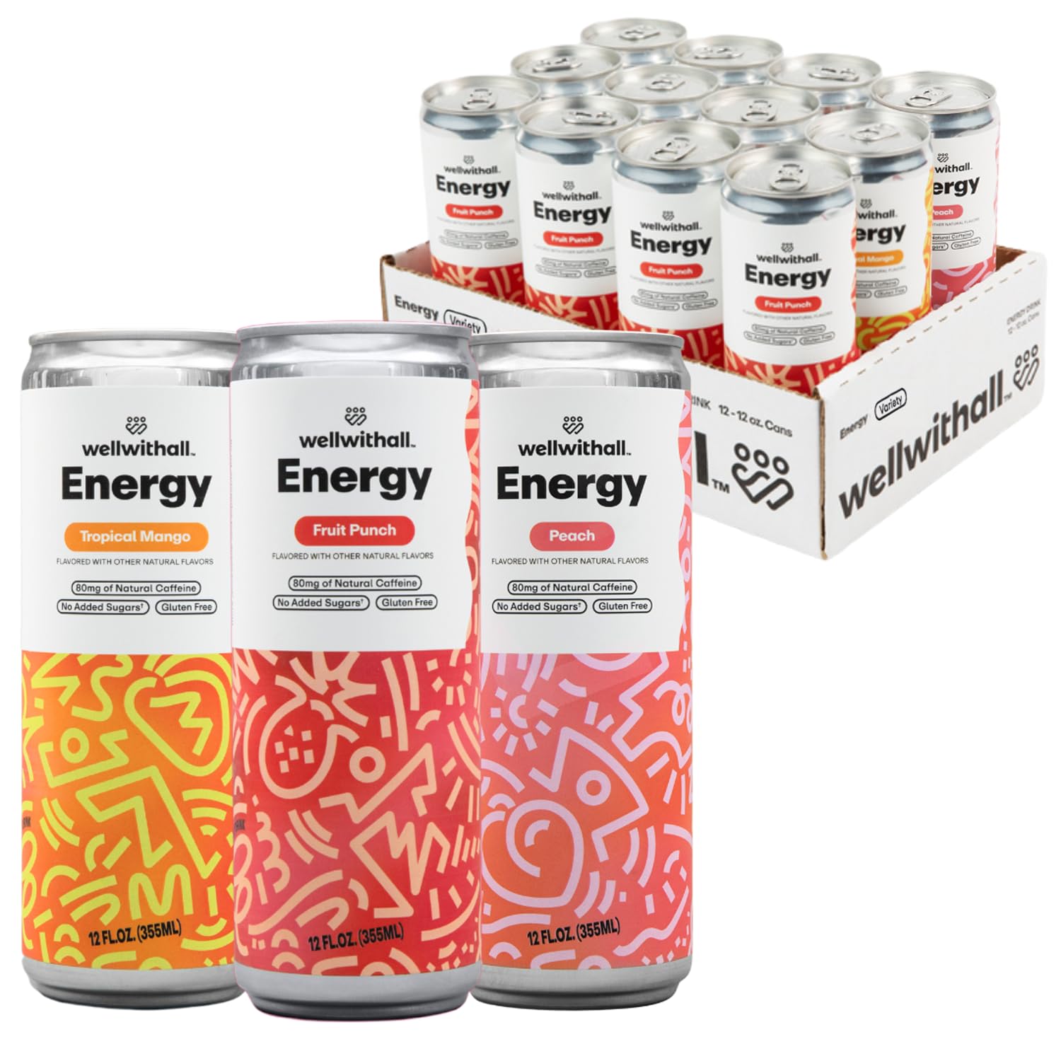 WellWithAll Energy Drink Variety Pack - Fruit Punch, Tropical Mango, Peach - 12 Fl Oz (Pack of 12) - Lightly Sparkling Beverage