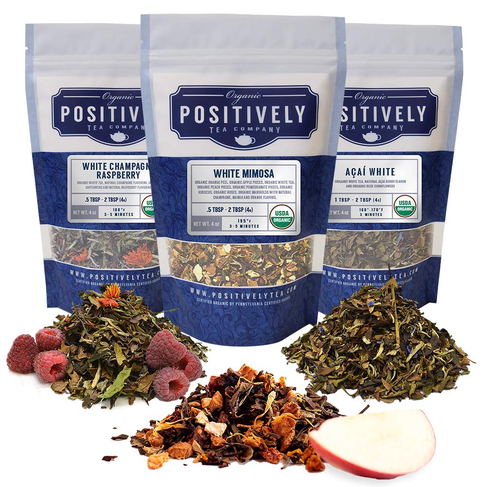Organic Positively Tea Company White Tea Sampler Loose Leaf 4 Ounce Pack of 3