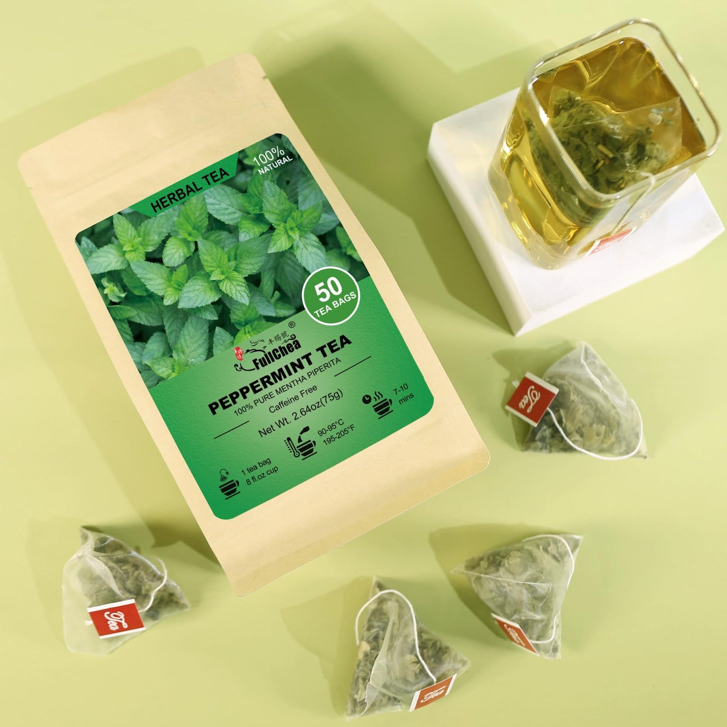 FullChea Peppermint Tea Bags - 50 Count - Premium Non-GMO Caffeine-free - Refreshing & Minty Taste