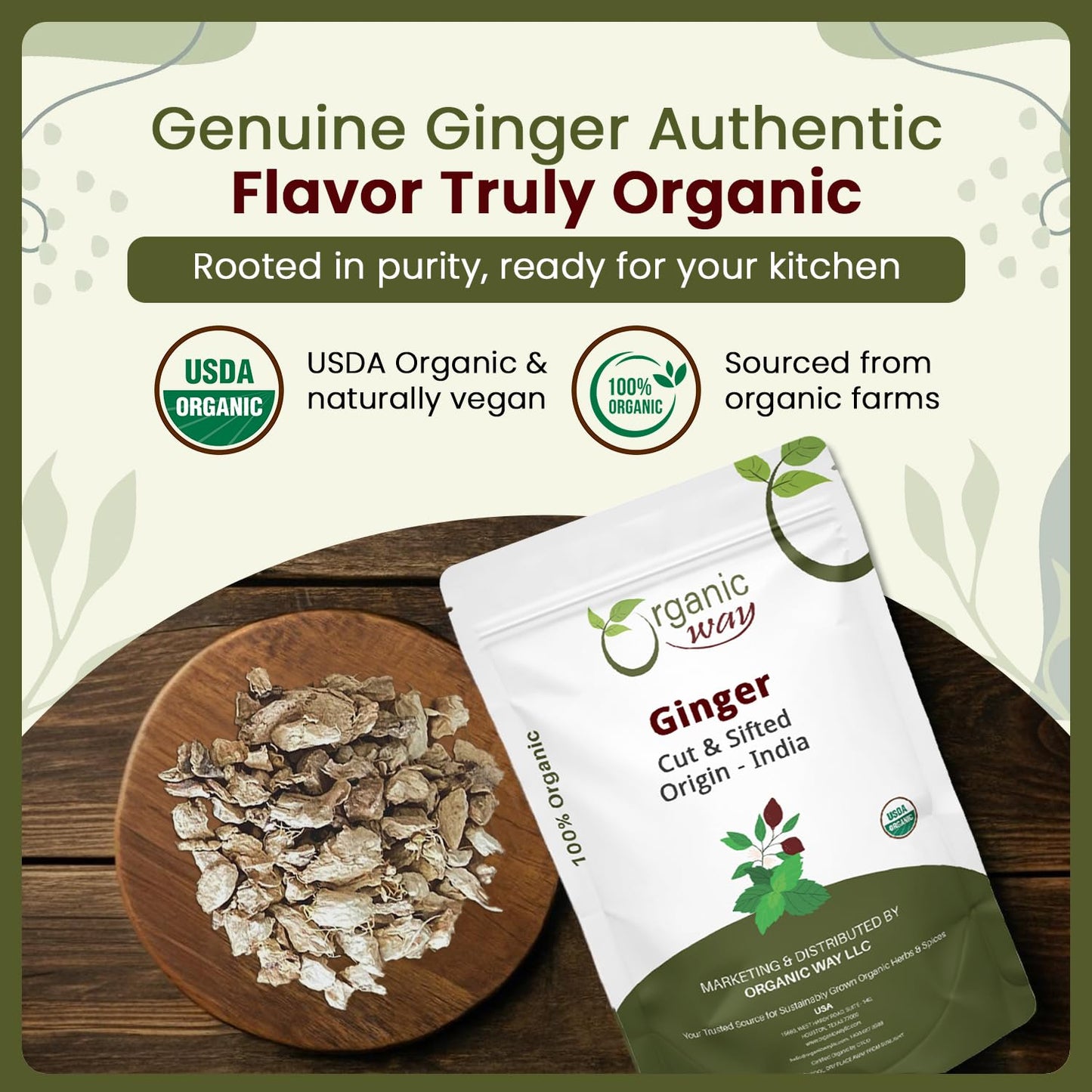Organic Way Dried Ginger Root Cut & Sifted Herbal Tea - 2LB, Vegan, Non-GMO, Gluten Free, Kosher, USDA Certified
