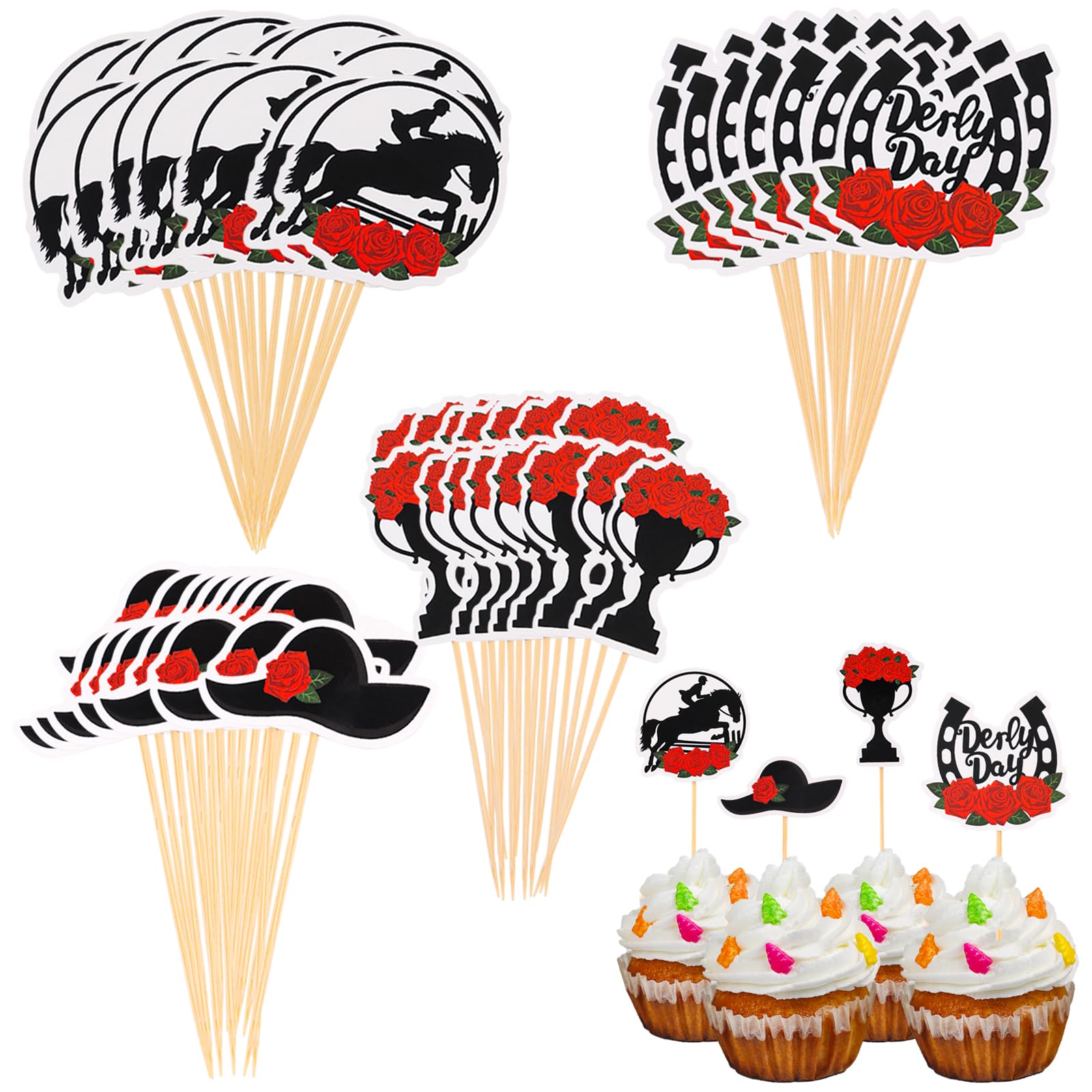 FOIMAS 60pcs Derby Party Appetizer Picks, Wood Toothpicks for Horse Race Decoration