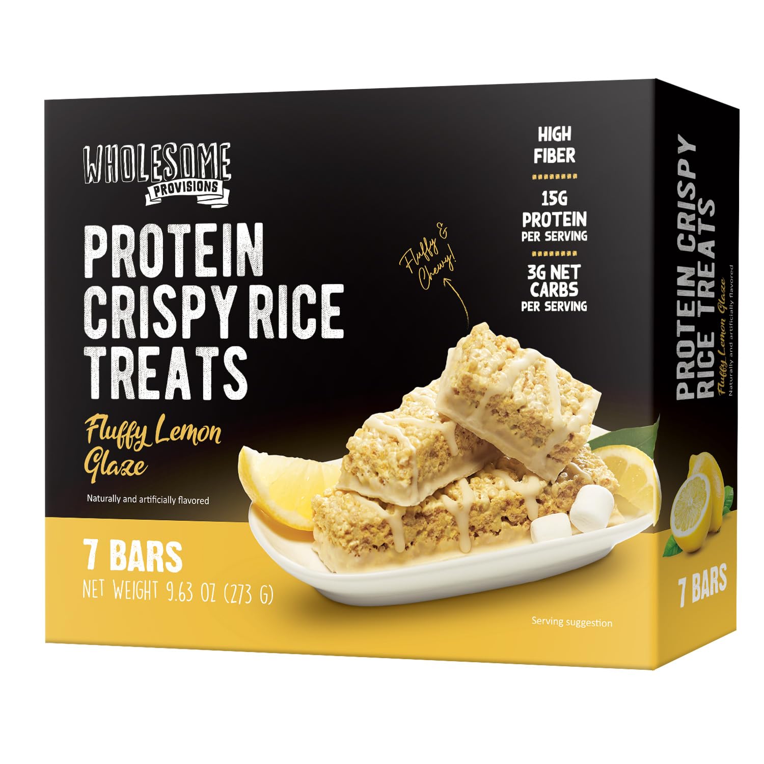 Wholesome Provisions Protein Crispy Rice Treats, 15g Protein, 3g-7g Net Carbs, Gluten Free, 1 Pack, Fluffy Lemon Glaze, Yellow