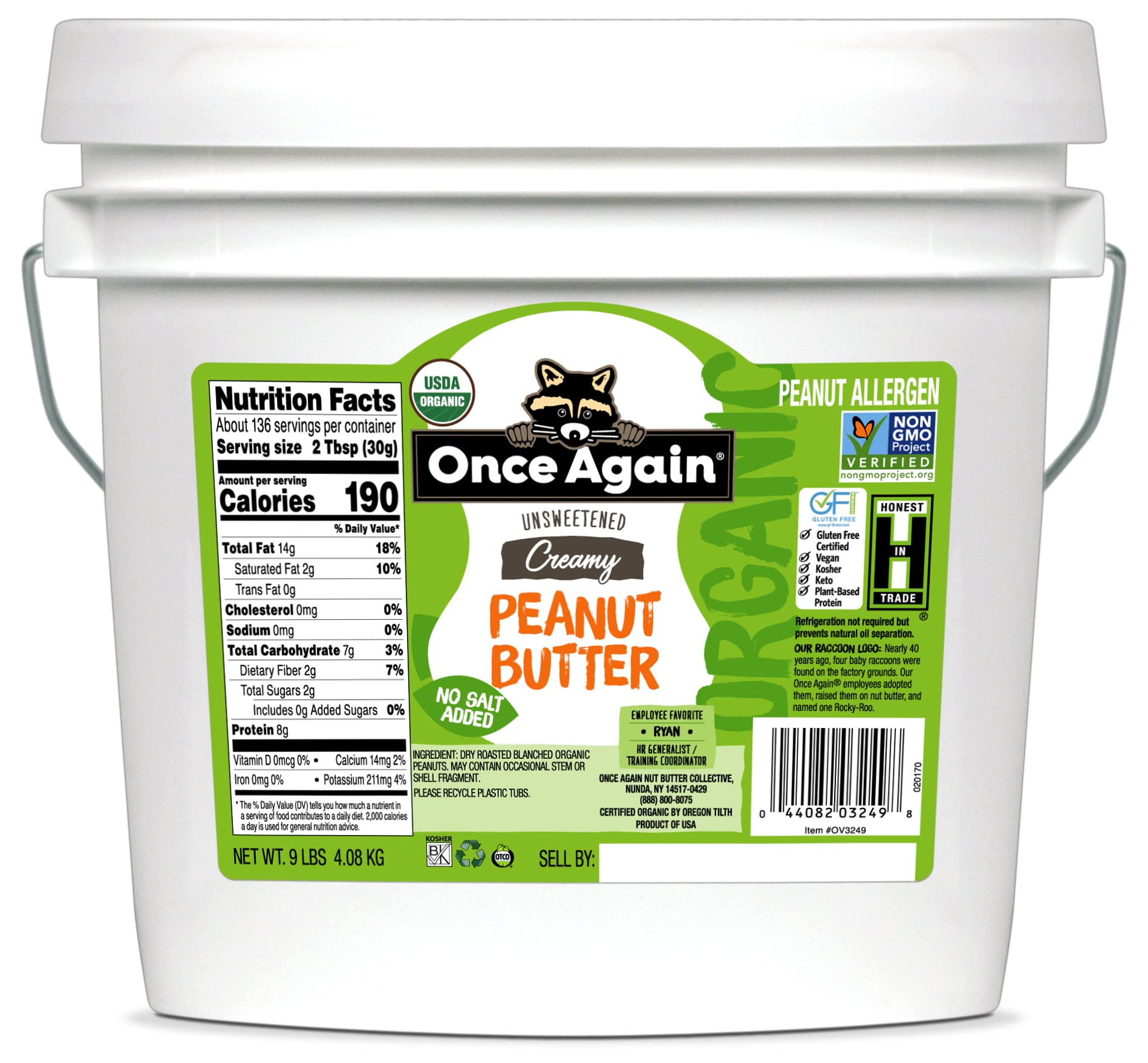 Once Again Organic Creamy Peanut Butter, 9lbs (same as 9 jars) - Salt Free, Unsweetened - USDA Organic, Gluten Free Certified, V