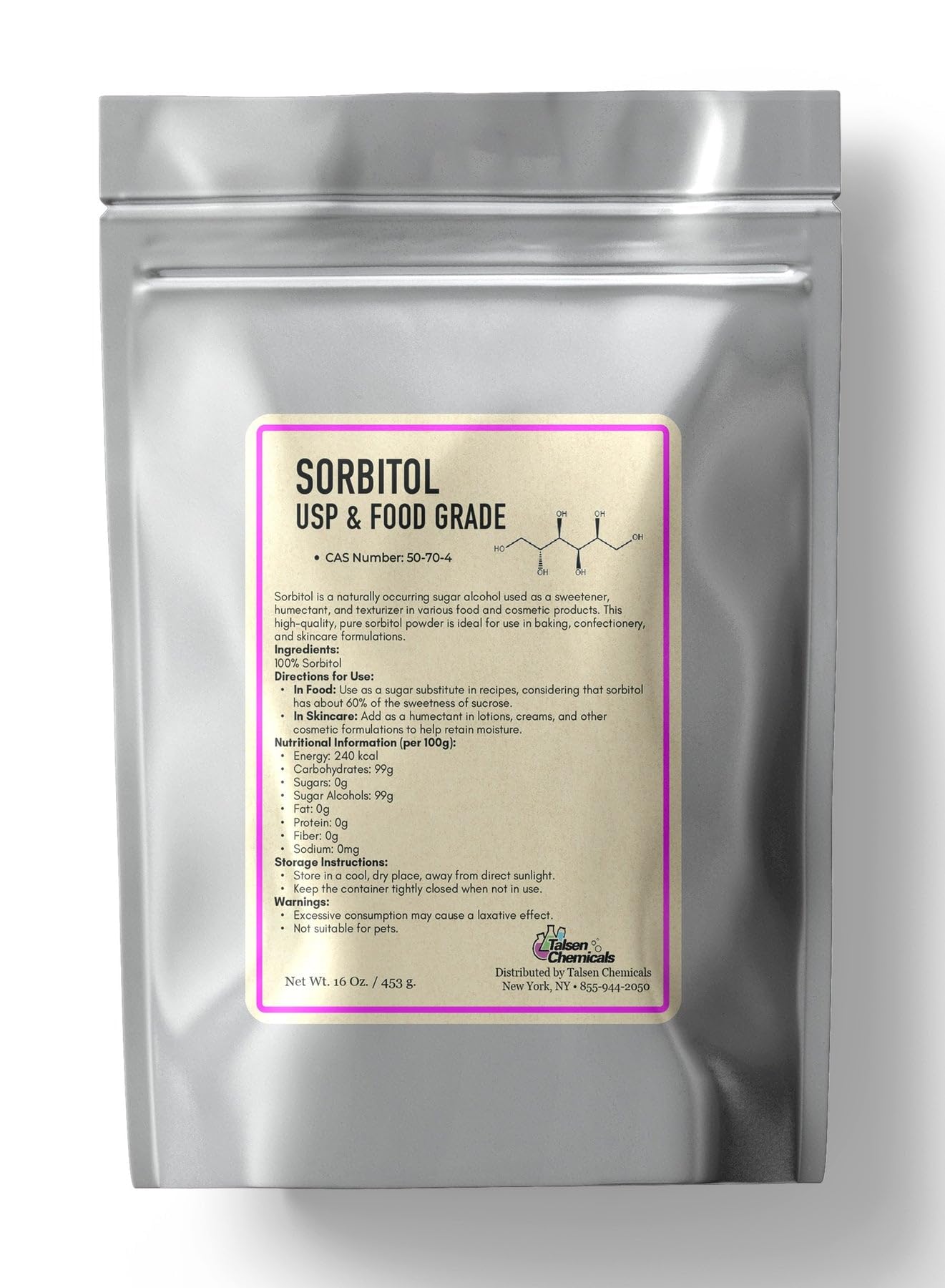 Talsen Chemicals Pure Sorbitol Powder - 16 Oz - Low Calorie Sweetener for Baking and Skincare