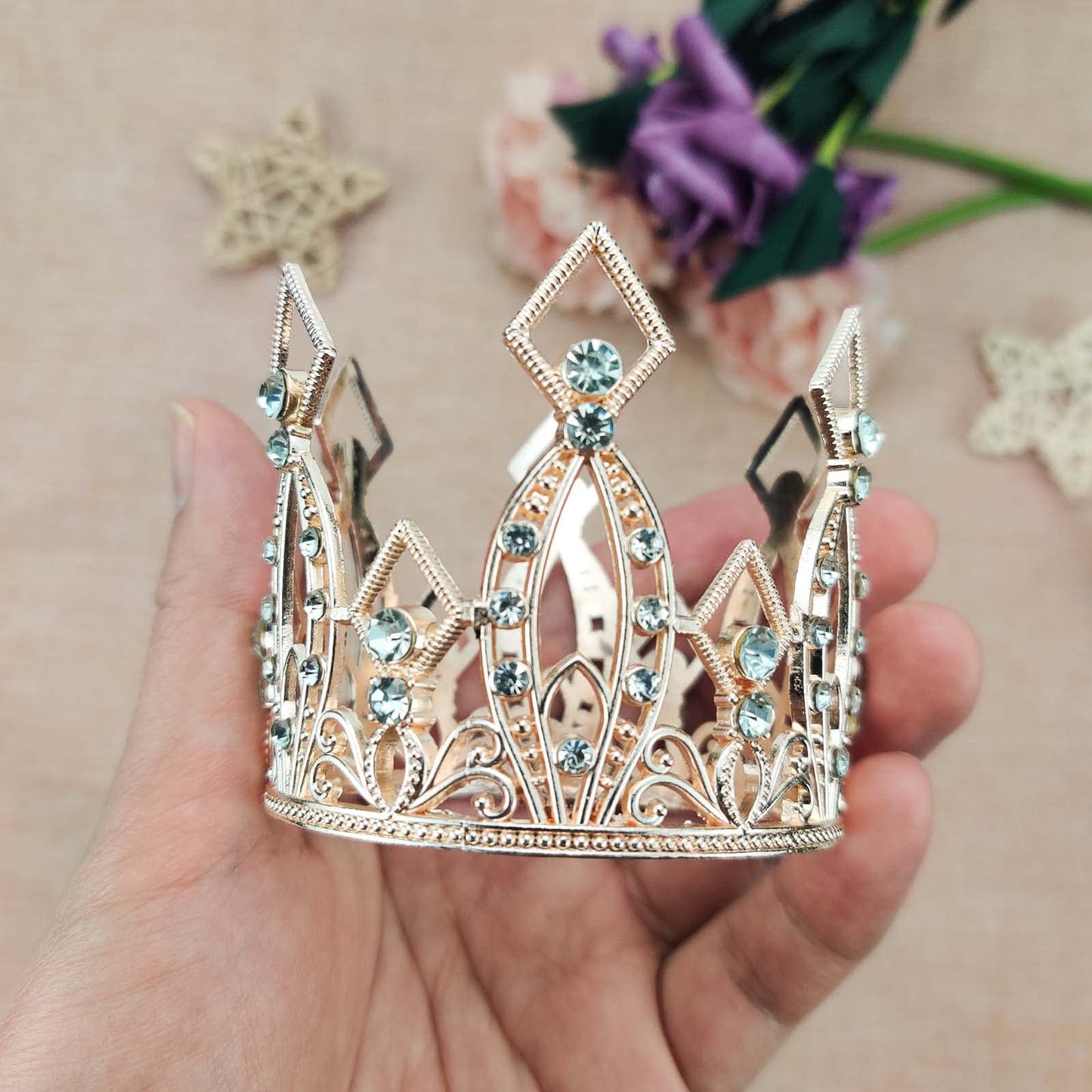 Mini Crown Cake Topper Crystal Headpiece Tiara Rhinestone Crown Cake Decoration For Wedding Birthday Baby Shower Party Favors (R
