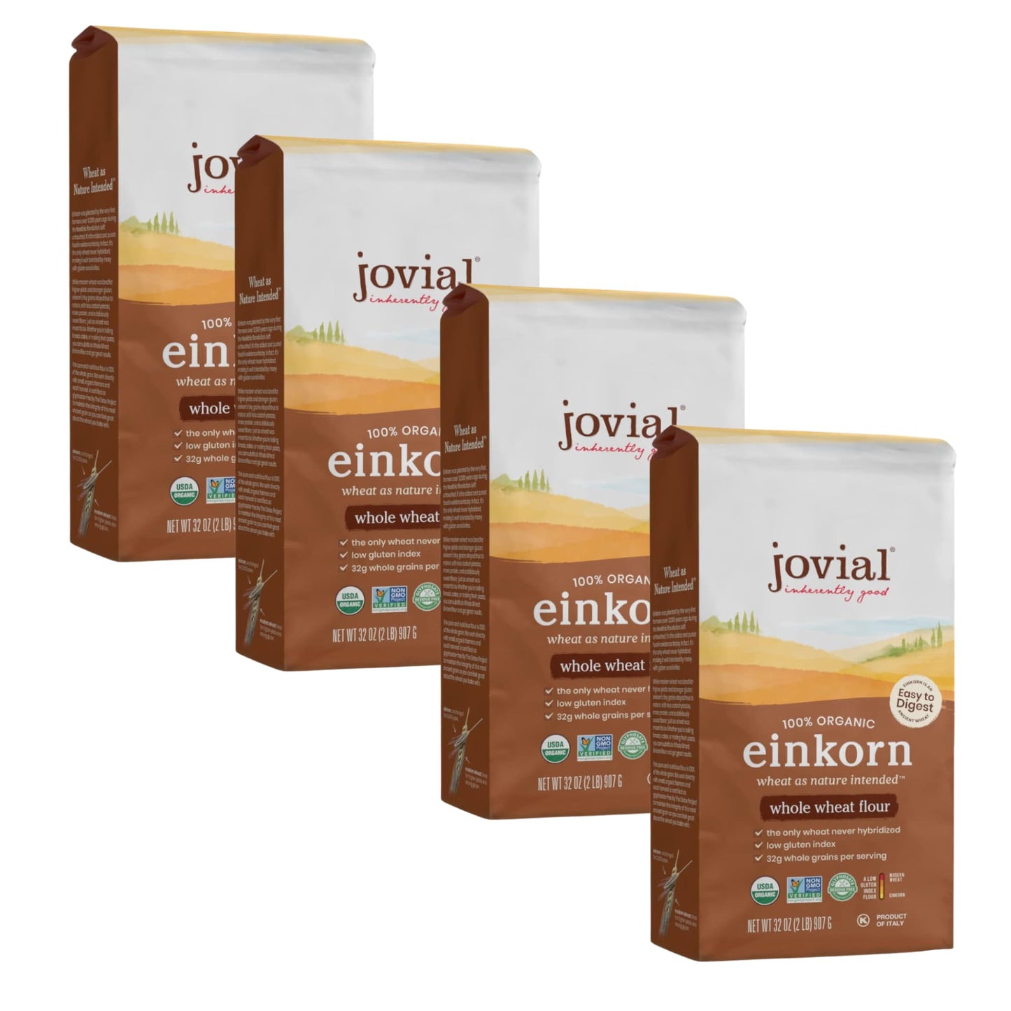 Jovial Organic Einkorn Whole Wheat Flour - High Protein, Non-GMO, Glyphosate Free - 32 Oz, 4 Pack