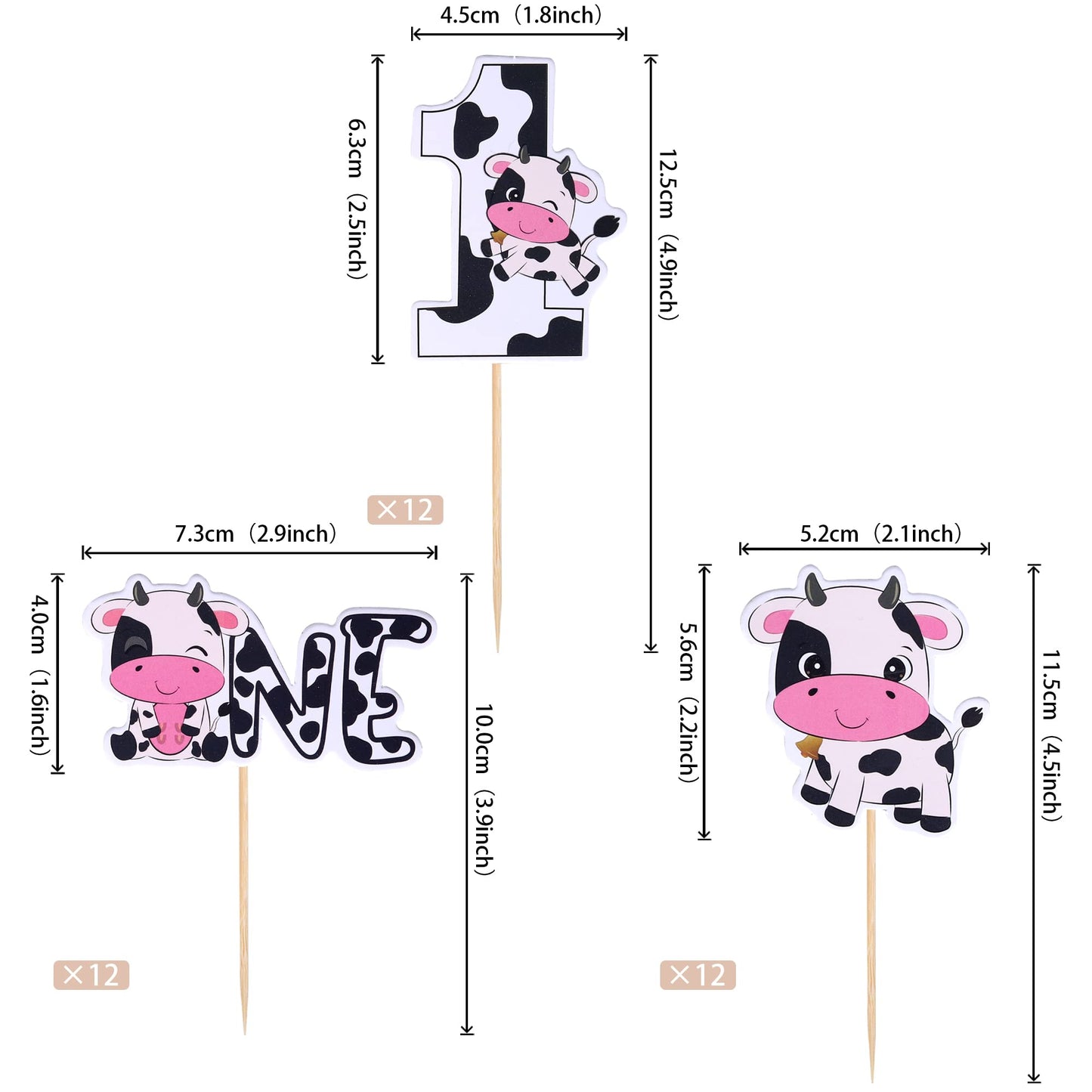Rssta i Cupcake Toppers - 36 Pack Cow Farm Animals for 1st Birthday Baby Shower, Paper, Design 2, Model XM250-one