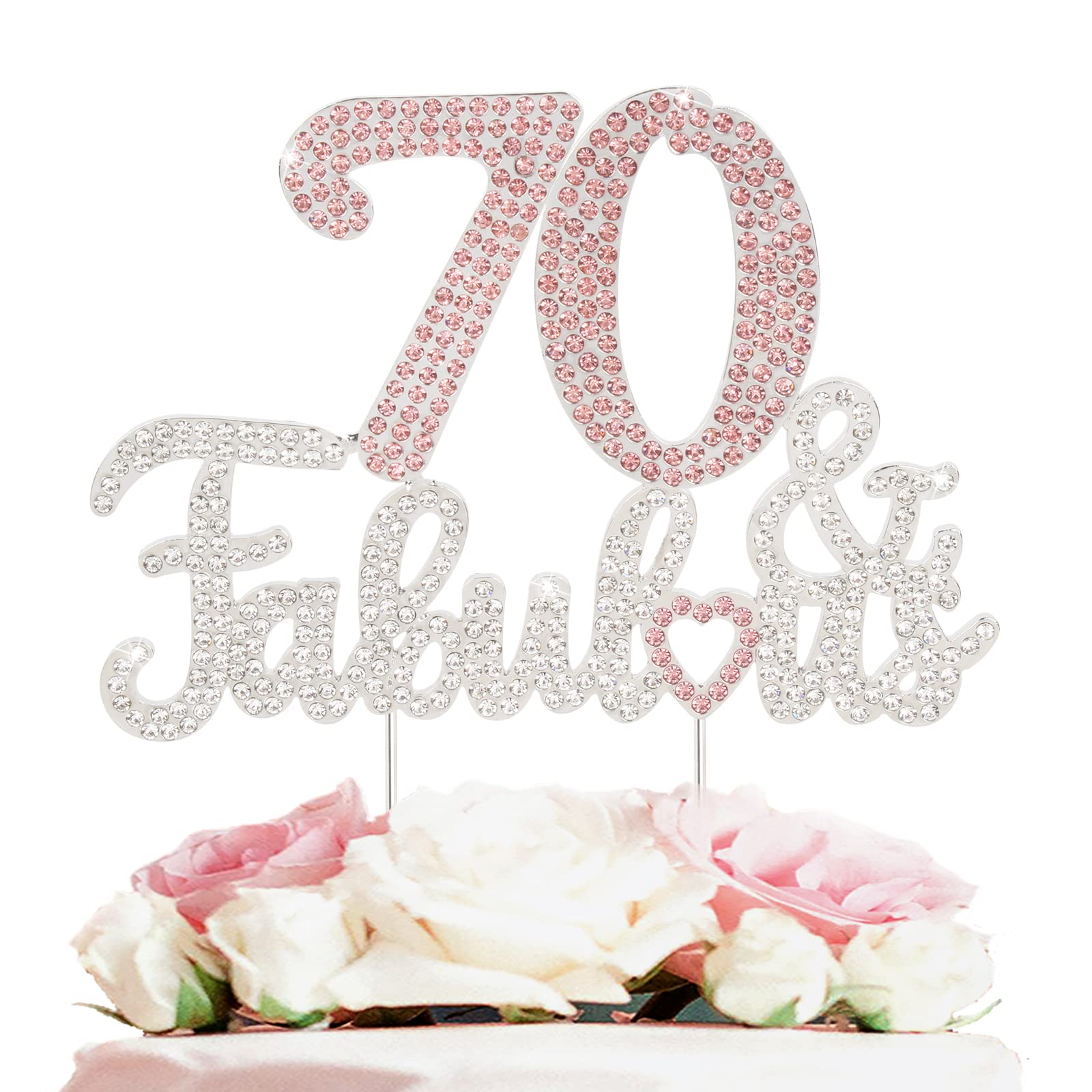 Laskyer 70 & Fabulous Silver Pink Rhinestone Cake Topper - Happy 70Th Birthday Cheers To Seventy Years Old Bday Party Metal Spar