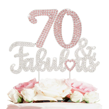 Laskyer 70 & Fabulous Silver Pink Rhinestone Cake Topper - Happy 70Th Birthday Cheers To Seventy Years Old Bday Party Metal Spar