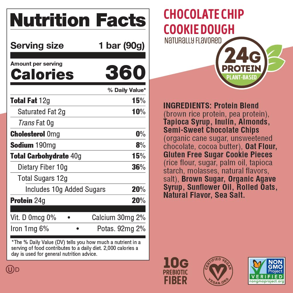 Lenny & Larrys Vegan Protein Bars – Chocolate Chip Cookie Dough – 12 Bars – 24g Protein, 10g Fiber, Gluten Free, Keto Friendly