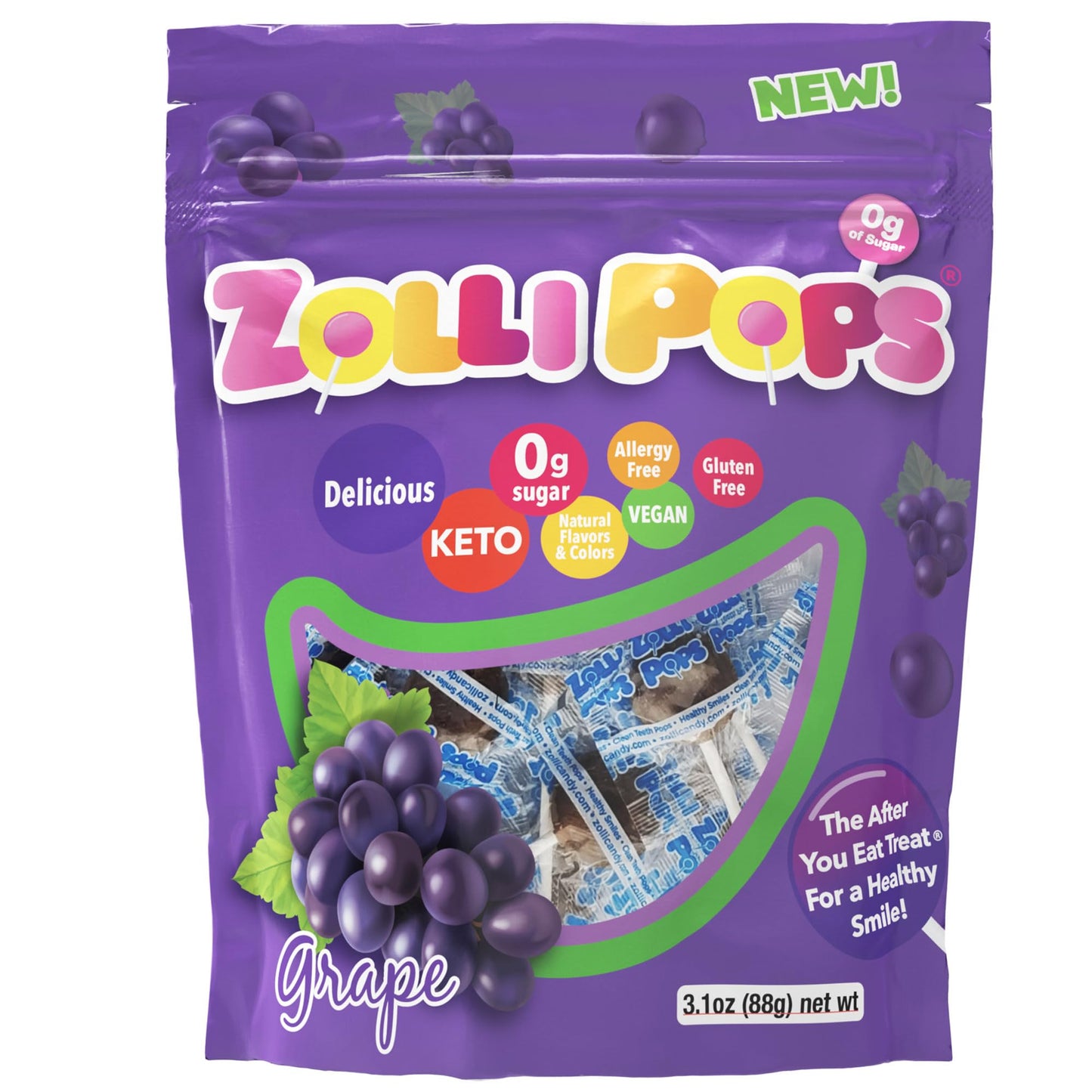 Zollipops Clean Teeth Lollipops, Sugar-Free Candy, Grape Flavor, 3.1 oz, Ideal for Kids and Diabetics