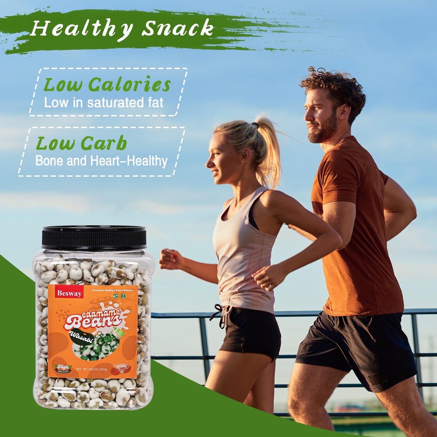 Besway Wasabi Flavor Dry Roasted Edamame 20 Oz, High Protein Crunchy Snack, Non-Gmo, Vegan, Gluten-Free, Transparent Plastic Jar