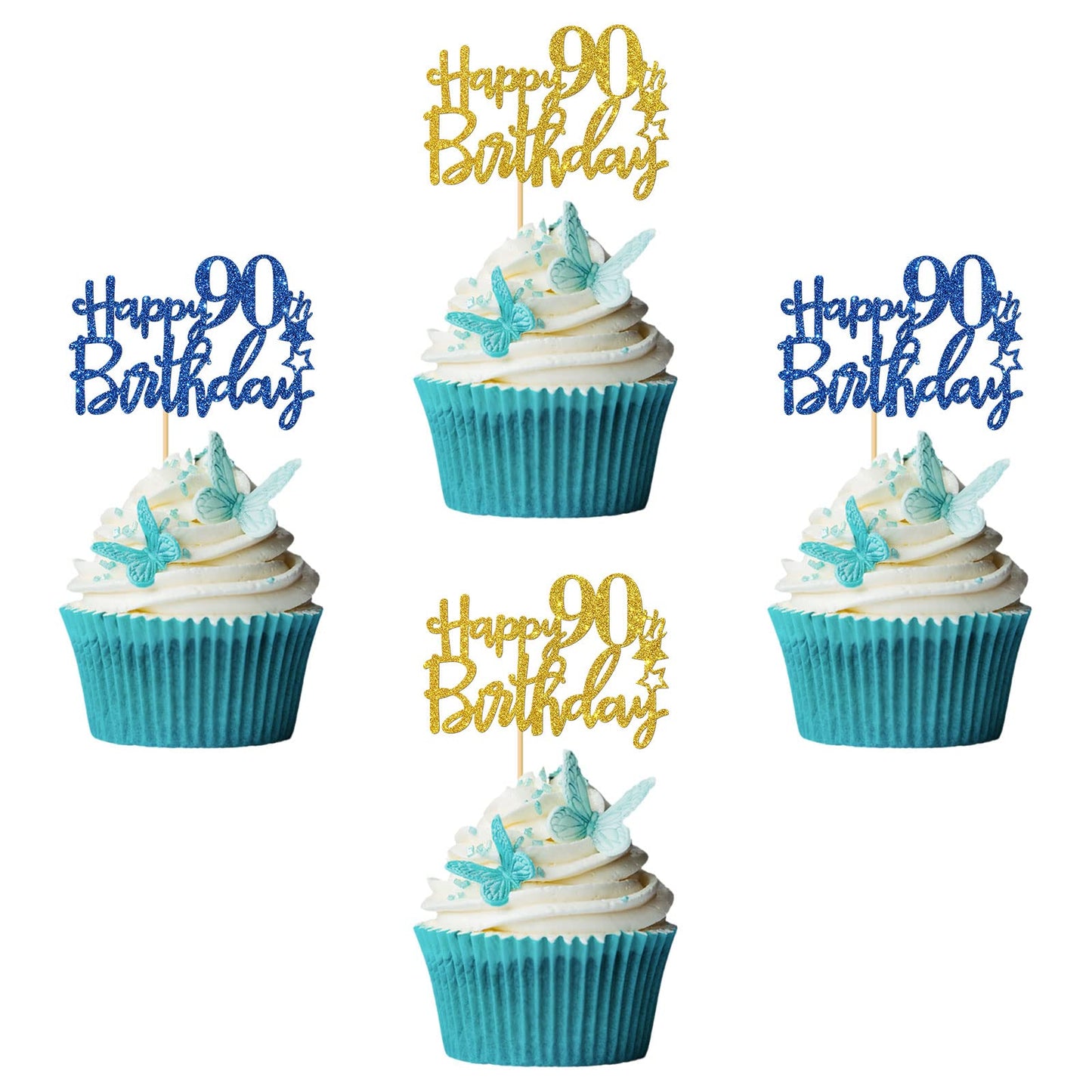 Roadsea Happy 90Th Birthday Cupcake Toppers - Women Men 90 Years Old Birthday Cupcake Supplies - 90Th Birthday Party Decorations