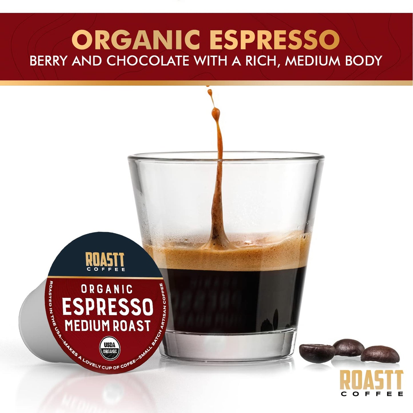 Roastt Coffee Organic Espresso Pods for Keurig, Medium Dark Roast, 36 Count