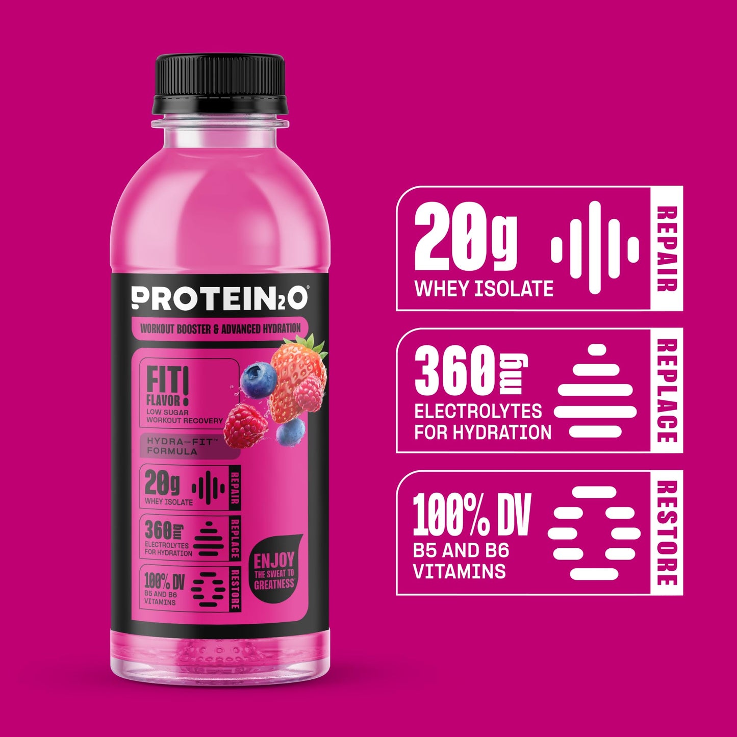 Protein2o Hydration Drink - Liquid Clear Whey Protein Isolate & Electrolyte - 20g Protein - 16.9 Fl Oz - Pack of 12 - Mixed Berry