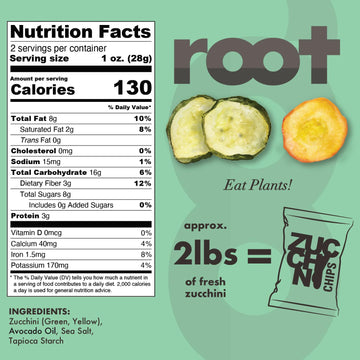 Root Foods Zucchini Chips, Natural Veggie Snack, Non-GMO Vegetable Crisps, Good for Adults, Kids, Vegan, Gluten Free, Halal, Kos